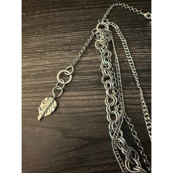 Silver-Tone Multi-Layer Chain Links & Textured Leaf Charms Statement Necklace - Picture 5 of 6